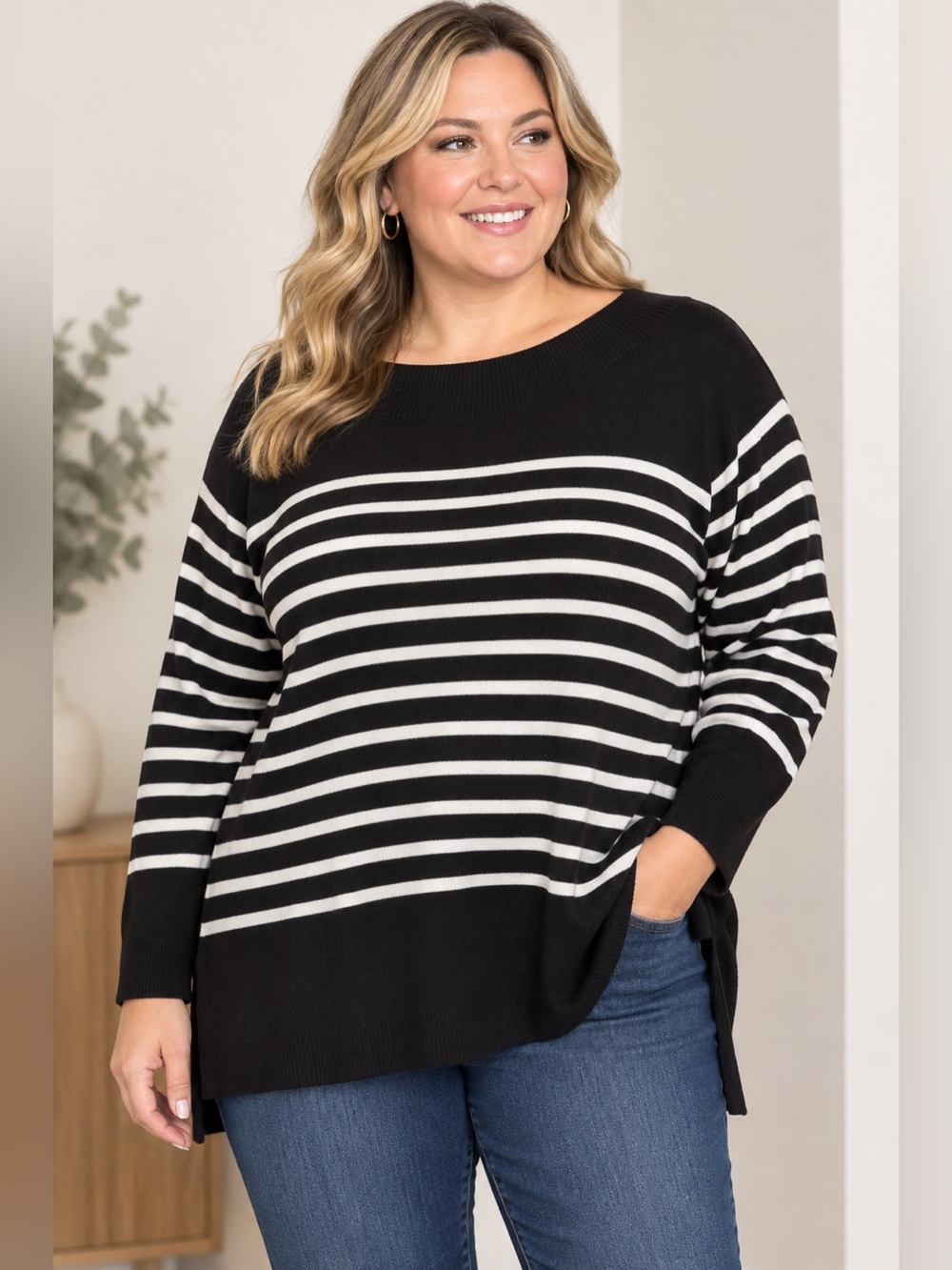 Addition Elle Black and White Striped Women's Sweater - Boatneck